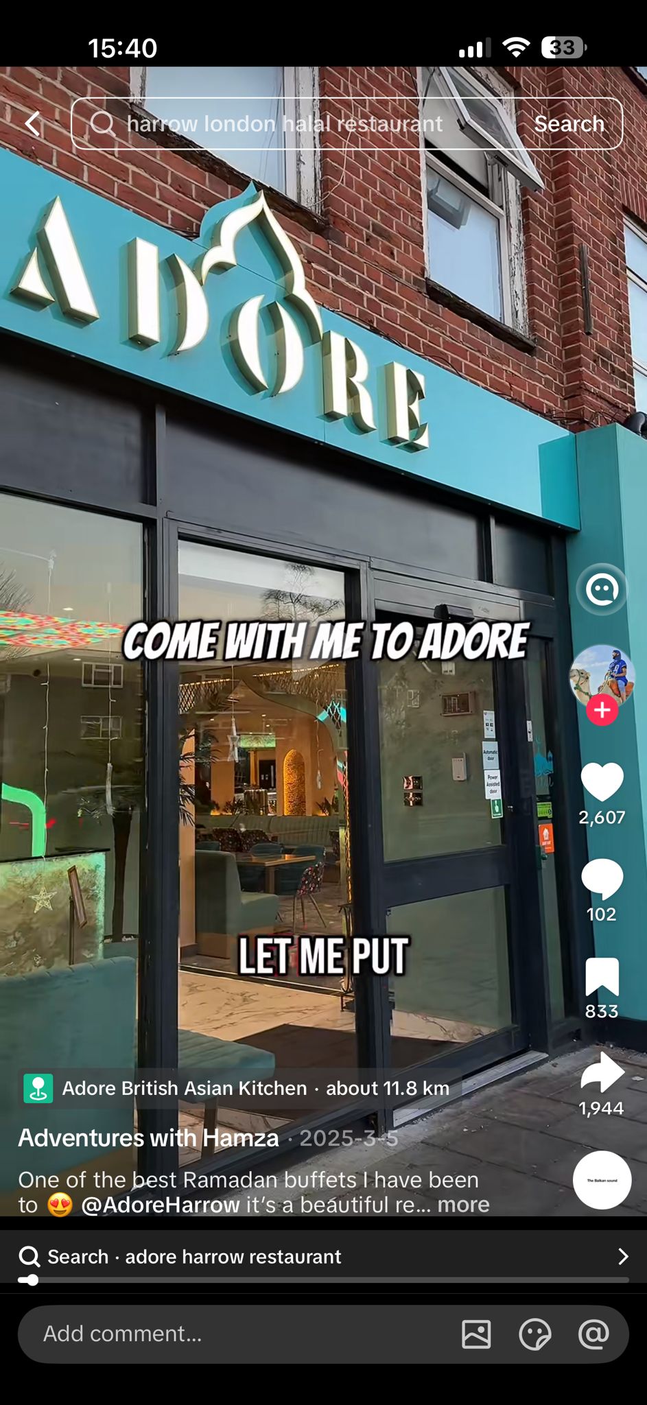TikTok screenshot: Adore Kitchen video with 2,607 likes, 102 comments, 833 saves and 1,944 shares