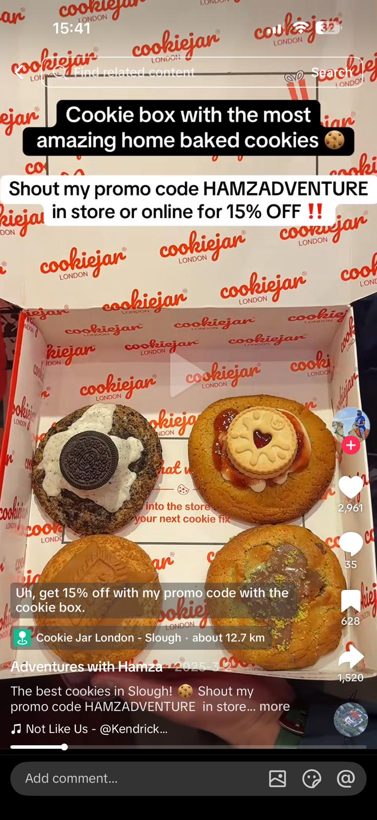 TikTok screenshot: Cookie Jar London video with 2,961 likes, 35 comments, 628 saves and 1,520 shares