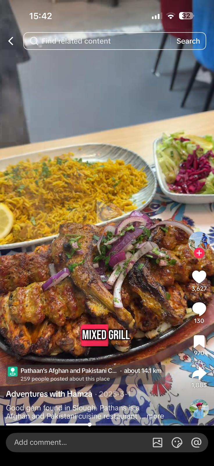 TikTok screenshot: Pathaan's video with 3,627 likes, 130 comments, 970 saves and 1,885 shares